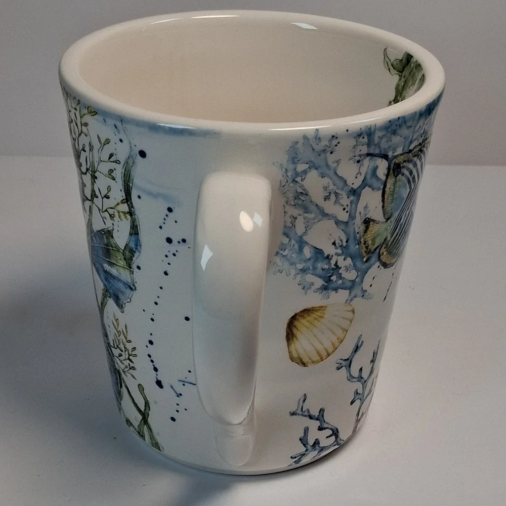 Pier 1 Sea Life Ironstone Mug Seahorse Octopus Crab Watercolor Nautical MINT